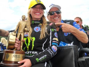 Brittany Force celebrates with her dad John after winning her first NHRA Mello Yello Drag Racing Series Top Fuel race in the Gatornationals at Gainesville Raceway.  Photo: NHRA Media