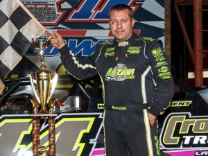 Chris Madden celebrates in victory lane after winning Saturday night's Super Late Model feature at Dixie Speedway. Photo by Kevin Prater/praterphoto.com