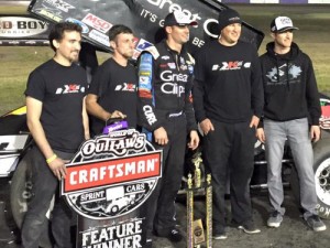 Daryn Pittman and his crew celebrate after winning Saturday night's World of Outlaws Craftsman Sprint Car Series race at Royal Purple Raceway.  Photo: Kasey Kahne Racing