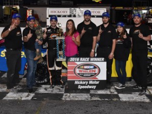 Josh Berry celebrates with his team after winning Saturday night's Late Model feature at Hickory Motor Speedway.  Photo by Sherri Stearns