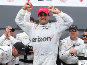 Juan Pablo Montoya celebrates in victory lane after winning Sunday's IndyCar 2016 season opener on the St. Petersburg street circuit.  Photo by Chris Jones