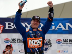 Kyle Busch celebrates in victory lane after winning Saturday's NASCAR Xfinity Series race at Las Vegas Motor Speedway.  Photo by Robert Laberge/Getty Images