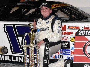 Ryan Millington celebrates in victory lane after winning Saturday night's Late Model feature at Hickory Motor Speedway.  Photo by Sherri Stearns