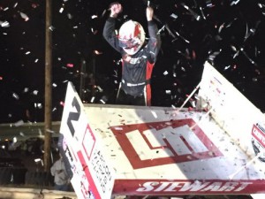 Shane Stewart celebrates after scoring the World of Outlaws Craftsman Sprint Car Series victory Sunday night at Arizona Speedway.  Photo: WoO Media