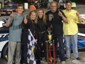 Taylor Jorgensen celebrates in victory lane after a historic Pro Truck feature victory Friday night at 5 Flags Speedway.  Photo: Taylor Rose Jorgensen/Facebook