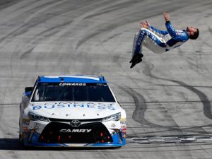 Carl Edwards celebrates with a backflip after winning Sunday's NASCAR Sprint Cup Series race at Bristol Motor Speedway. Photo by Matt Sullivan/Getty Images