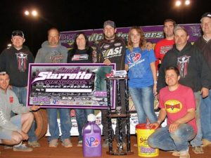 Chris Ferguson celebrates in victory lane after winning Saturday night's Ultimate Super Late Model Series win at Modoc Raceway.  Photo by Richard Barnes