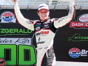 Erik Jones celebrates in victory lane after winning Saturday's NASCAR Xfinity Series race at Bristol Motor Speedway.  Photo by Matt Sullivan/Getty Images