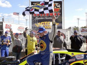 George Brunnhoelzl III celebrates his second straight NASCAR Whelen Southern Modified Tour win of the season after collecting the checkered flag Saturday night at South Boston Speedway. Photo by Grant Halverson