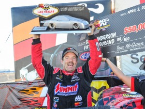 Greg Anderson celebrates after winning Saturday's K&N Horsepower Challenge Pro Stock all-star race at The Strip at Las Vegas Motor Speedway.  Photo: NHRA Media