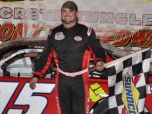 Kres VanDyke came out on top of a wild finish to Friday night's Late Model Stock feature at Kingsport Speedway.  Photo by Randall Perry