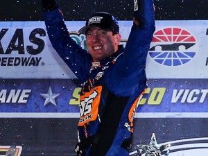 Kyle Busch celebrates in victory lane after winning Friday night's NASCAR Xfinity Series race at Texas Motor Speedway.  Photo by Sarah Crabill/Getty Images for Texas Motor Speedway