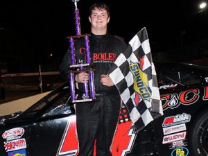 Matt Craig celebrates after winning his first career PASS South Super Late Model Series victory Saturday night at Caraway Speedway.  Photo by Laura / LWpictures.com