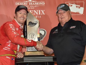 Scott Dixon is congratulated by 1964 race winner A.J. Foyt following Dixon's win in Saturday night's Verizon IndyCar Series race at Phoenix International Raceway. Photo by Chris Owens