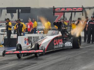 While Friday's qualifying rounds for the NHRA Four-Wide Nationals at zMax Dragway were cut short due to rain, Steve Torrence was able to lead the speed charts in Top Fuel. Photo: NHRA Media