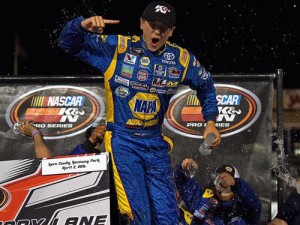 Todd Gilliland celebrates his NASCAR K&N Pro Series West victory Saturday night at Kern County Raceway Park. Photo by Jonathan Moore/NASCAR via Getty Images