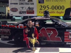 Trey Gibson was the winner in the second Late Model Stock feature Friday night at Greenville-Pickens Speedway.  Photo by Haley Wilbanks/GPS Photos