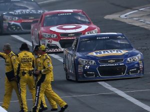 Chase Elliott (24) hits pit road after finishing third in Sunday's NASCAR Sprint Cup Series race at Dover International Speedway.  Photo by Sean Gardner/Getty Images