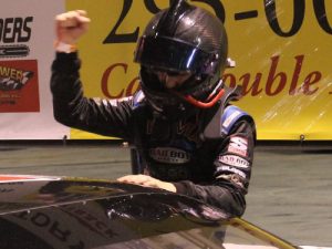 Chase Purdy climbs from his car in victory lane at Greenville-Pickens Speedway.  Purdy swept Saturday night's Late Model Stock features at the historic raceway. Photo by Jacob Seelman