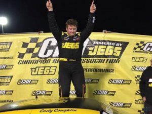 Cody Coughlin celebrates in victory lane after winning Saturday night's ARCA/CRA Super Series race at Anderson Speedway.  Photo: CRA Media