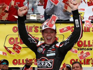 Erik Jones celebrates in victory lane after winning Saturday's NASCAR Xfinity Series race at Dover International Speedway.  Photo by Jeff Zelevansky/NASCAR via Getty Images