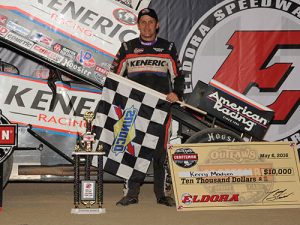 Kerry Madsen powered to the #LetsRaceTwo opening night victory Friday night for the World of Outlaws Craftsman Sprint Car Series at Eldora Speedway.  Photo by Paul Arch