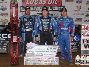 Scott Bloomquist (center) scored the win in Saturday night's Lucas Oil Late Model Dirt Series race at Atomic Speedway.  Jonathan Davenport (left) finished in second, with Josh Richards (right) in third.  Photo: Josh Richards Racing