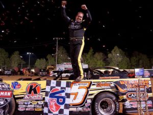 Shane Clanton celebrates in victory lane after winning Friday night's World of Outlaws Late Model Series feature at Ponderosa Speedway.  Photo: WoO Media