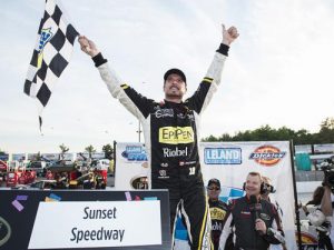 Alex Tagliani celebrates his third career NASCAR Pinty's Series win and second straight victory at Sunset Speedway on Saturday.  Photo by Matthew Manor/NASCAR