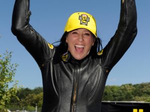 Angelle Sampey celebrates after winning in Sunday's Pro Stock Motorcycle finals in the NHRA Summernationals at Englishtown, New Jersey.  Photo: NHRA Media