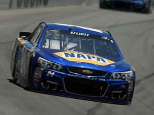 Chase Elliott leads Jimmie Johnson during Monday's NASCAR Sprint Cup Series race at Pocono Raceway.  Photo by Sean Gardner/Getty Images