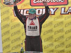 Cole Timm celebrates after scoring his second career CARS Racing Tour Super Late Model victory on Saturday at Tri-County Motor Speedway. Photo: Kyle Tretow/CARS Tour