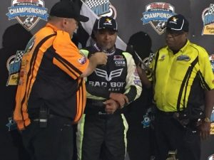 Donny Schatz is interviewed in victory lane after winning Saturday night's World of Outlaws Craftsman Sprint Car Series race at Knoxville Raceway.  Photo: WoO Media