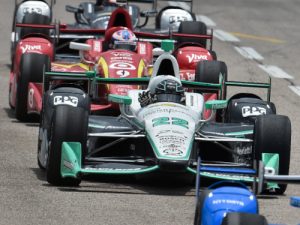 Simon Pagenaud and Scott Dixon roll down the backstretch during the Firestone 600 at Texas Motor Speedway. Photo by Chris Owens