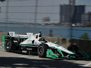 Simon Pagenaud streaks towards turn 13 during qualifications for race 1 of the Chevrolet Dual in Detroit at Belle Isle Park.  Photo by Chris Owens