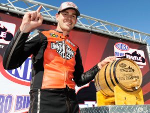 Andrew Hines celebrates after winning Saturday's NHRA Pro Bike Battle at the Toyota Sonoma Nationals at Sonoma Raceway.  Photo: NHRA Media