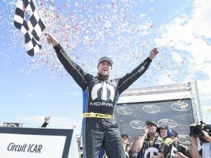 Andrew Ranger celebrates in victory lane Sunday for the fourth time in six races at Circuit ICAR in Mirabel, Quebec in NASCAR Pinty's Series action. Photo by Matt Manor/NASCAR