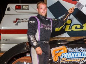 Cass Fowler celebrates in victory lane after winning Saturday night's Super Late Model feature at Dixie Speedway.  Photo by Kevin Prater/praterphoto.com