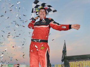 Cayden Lapcevich celebrates his first NASCAR Pinty's Series win at Wyant Group Raceway on Wednesday night.  Photo by Matthew Murnaghan/NASCAR