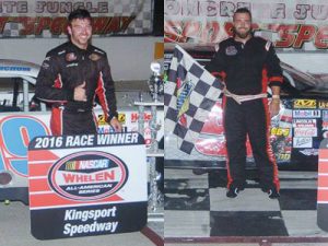 Chad Finchum (left) and Ronnie McCarty (right) scored Late Model Stock victories in Friday night's season finale at Kingsport Speedway.  Photos by Drew Hierwarter/MotorsportsPhoto.com