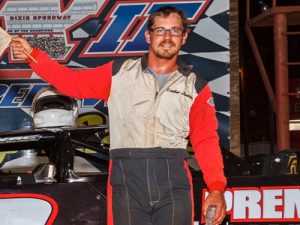 Luther Jenkins made his first trip to Dixie Speedway's victory lane in over a year with a win in Saturday night's Super Late Model feature. Photo by Kevin Prater/praterphoto.com