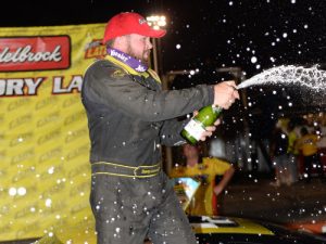 Tommy Lemons celebrates his second consecutive CARS Late Model Stock Tour feature win Saturday night at Orange County Speedway.  Photo by Kyle Tretow/CARS Tour