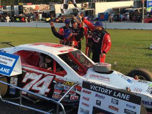 Bobby Measmer, Jr. celebrates after winning Sunday's NASCAR Whelen Southern Modified Tour race at East Carolina Motor Speedway. Photo: Elgin Traylor/Speed51.com for NASCAR