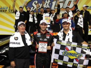 Chase Briscoe celebrates with his Cunningham Motorsports team after winning Thursday night's ARCA Racing Series race at Chicagoland Speedway.  Photo: ARCA Media