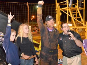 Johnny Bridges waves to the crowd from victory lane after winning Friday night's USCS Sprint Car Series race at Lavonia Speedway.  Photo: DTGW Productions / CW Photography