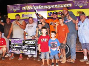 Johnny Pursley celebrates with his team in victory lane after winning Saturday night's Ultimate Super Late Model Series race at Modoc Speedway. Photo: USLMS Media