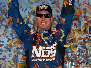 Kyle Busch celebrates in Victory Lane after winning Friday night's NASCAR Xfinity Series race at Richmond International Raceway.  Photo by Sarah Crabill/Getty Images