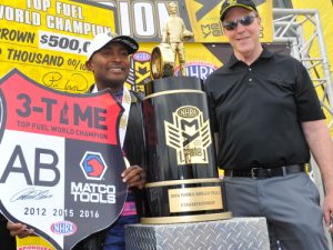 Antron Brown wrapped up his second straight NHRA Mello Yello Drag Racing Series Top Fuel championship Sunday at Las Vegas. Photo: NHRA Media