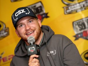 Chris Buescher speaks with the media prior to Friday's practice for the NASCAR Sprint Cup Series race at Dover International Speedway.  Photo by Sean Gardner/NASCAR via Getty Images