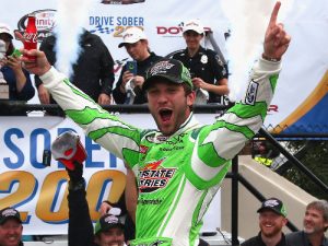 Daniel Suarez drove to the victory in Sunday morning's rain delayed NASCAR Xfinity Series race at Dover International Speedway.  Photo by Sarah Crabill/NASCAR via Getty Images